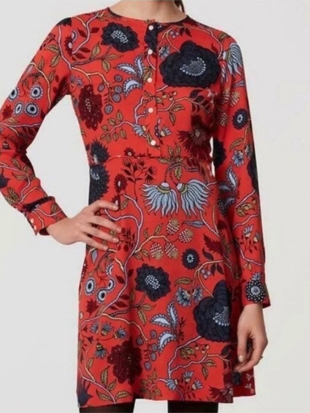 Loft Primavera Orange Floral Dress Long Sleeve Knee Length Fit Flare Women 2P